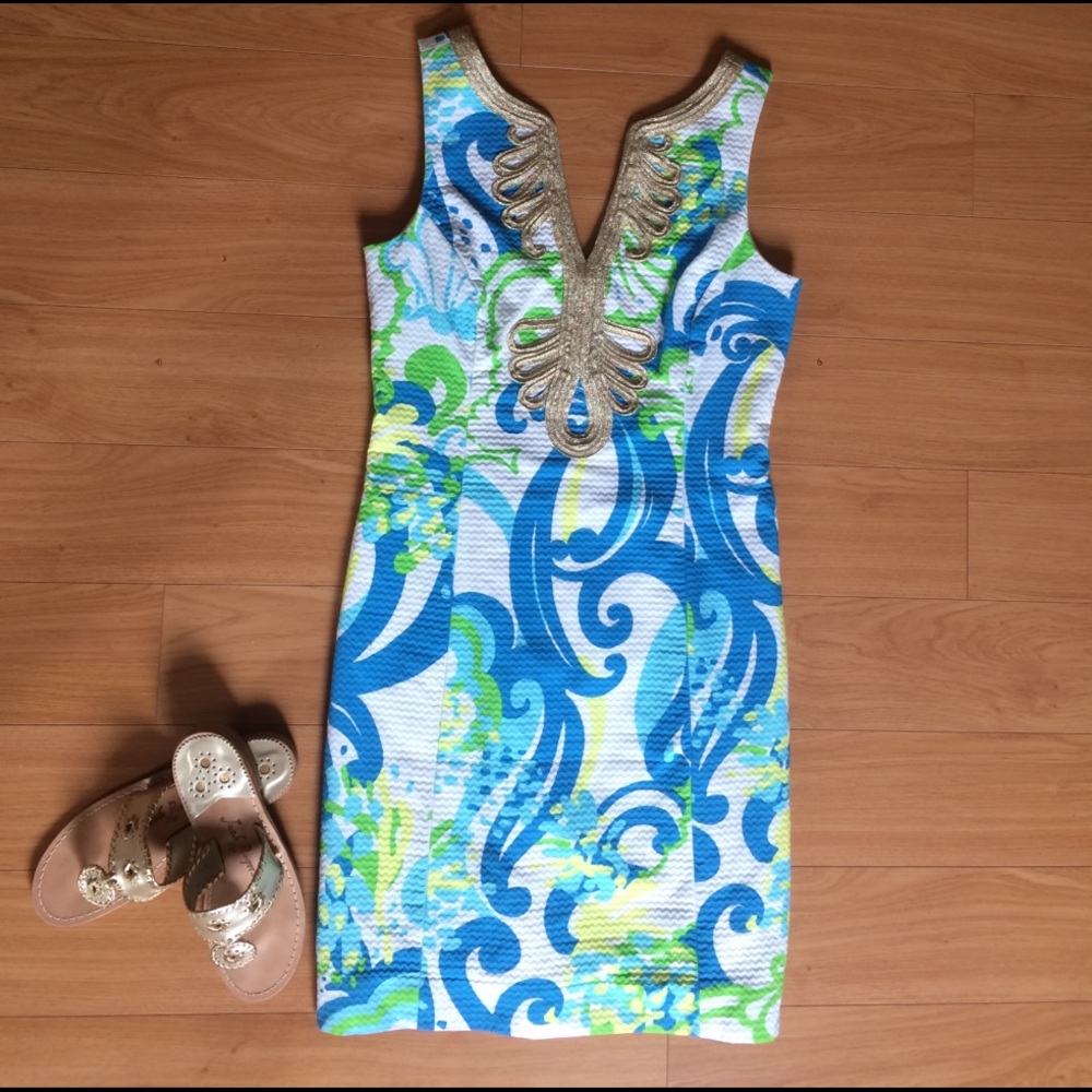 Lilly Pulitzer Blue White Green Printed Midi Dress with Gold Trim - Picture 2 of 10
